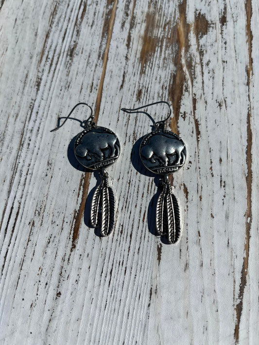 Buffalo Coin Earrings With Feathers