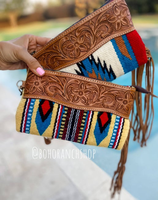 Aztec Tooled Leather Wristlet