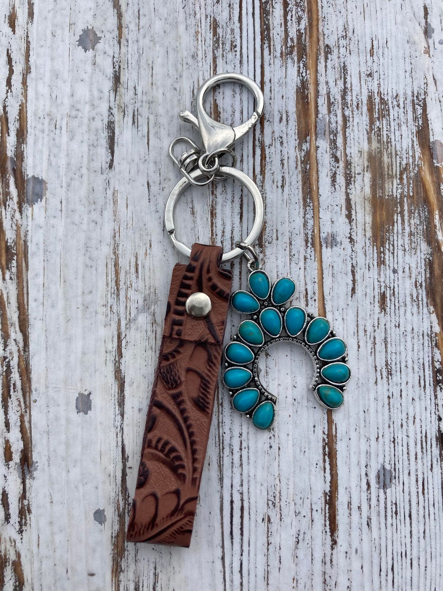 Embossed Cowhide Keychain Western Style Squash Blossom Turquoise