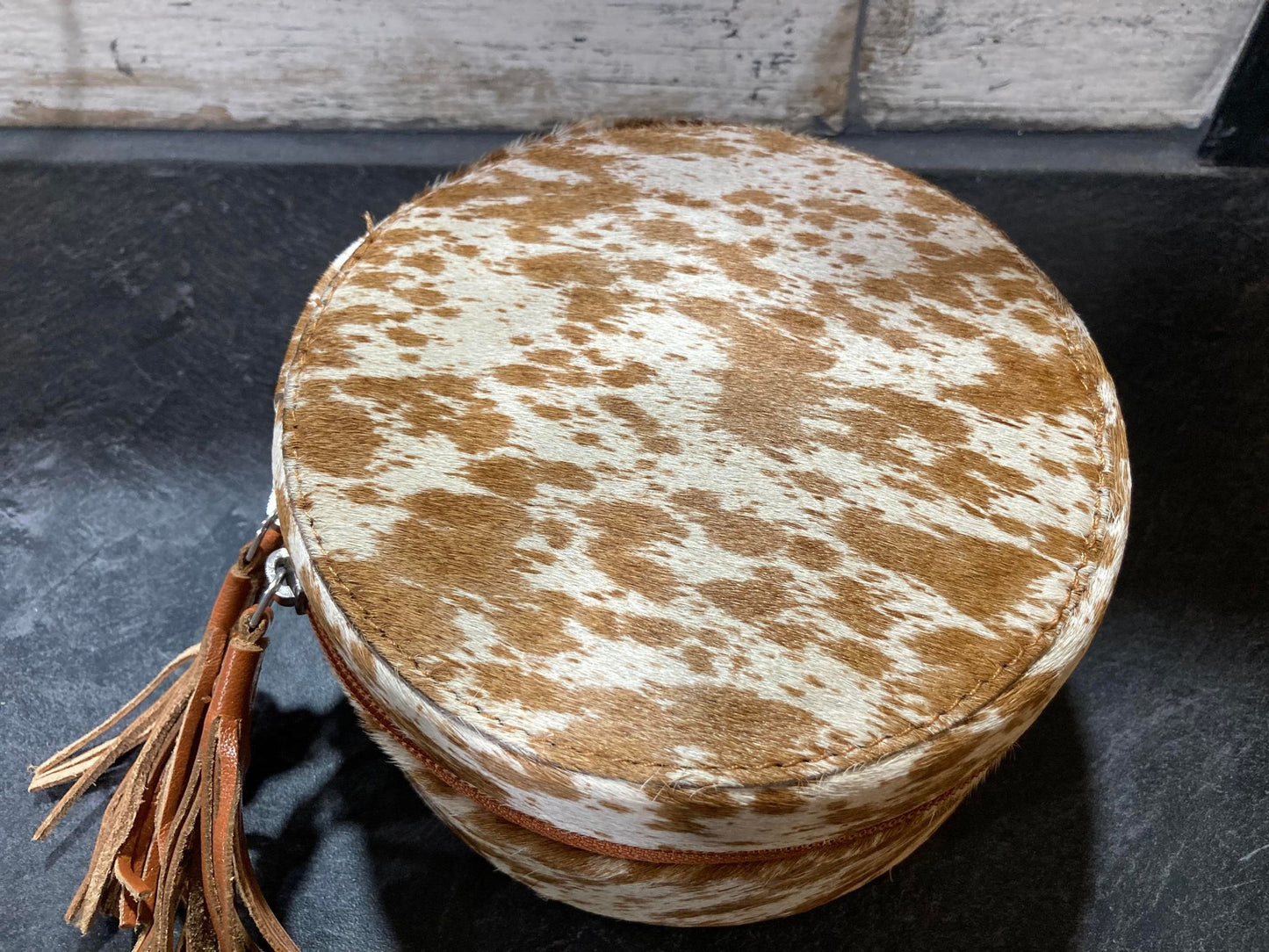 Small Round Authentic Cowhide Jewelry Box