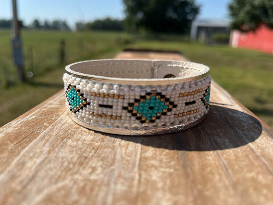 BRIGITTE SILVER AND IVORY SEED BEAD SNAP CUFF BRACELET